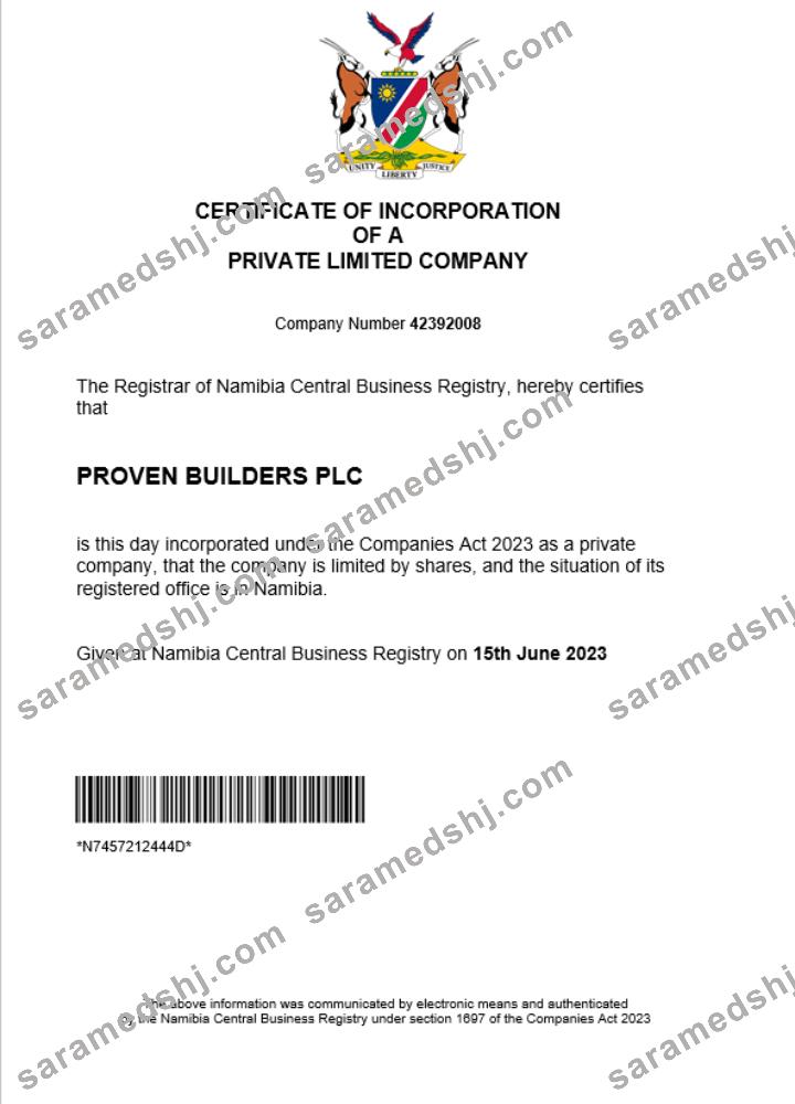 Namibia company registration certificate Word and PDF template